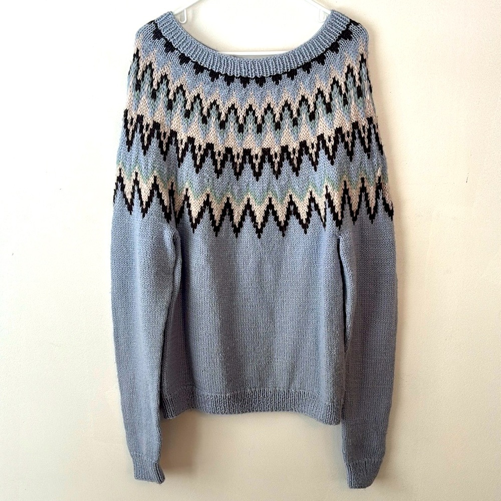 Handmade Fair Isle Sweater in Blue with Cream, Chocolate, Green Detail, L/XL